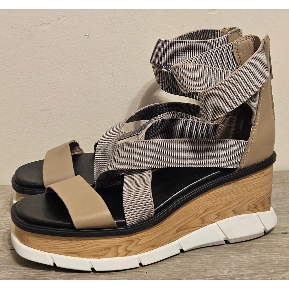 Sorel Joanie III Wedge Sandals Tan Black Leather NL4688-264 Womens Size 7.5